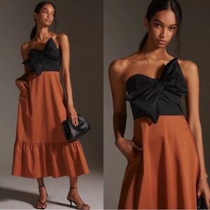 Anthropologie Black and Rust Strapless Midi Dress with Bow
